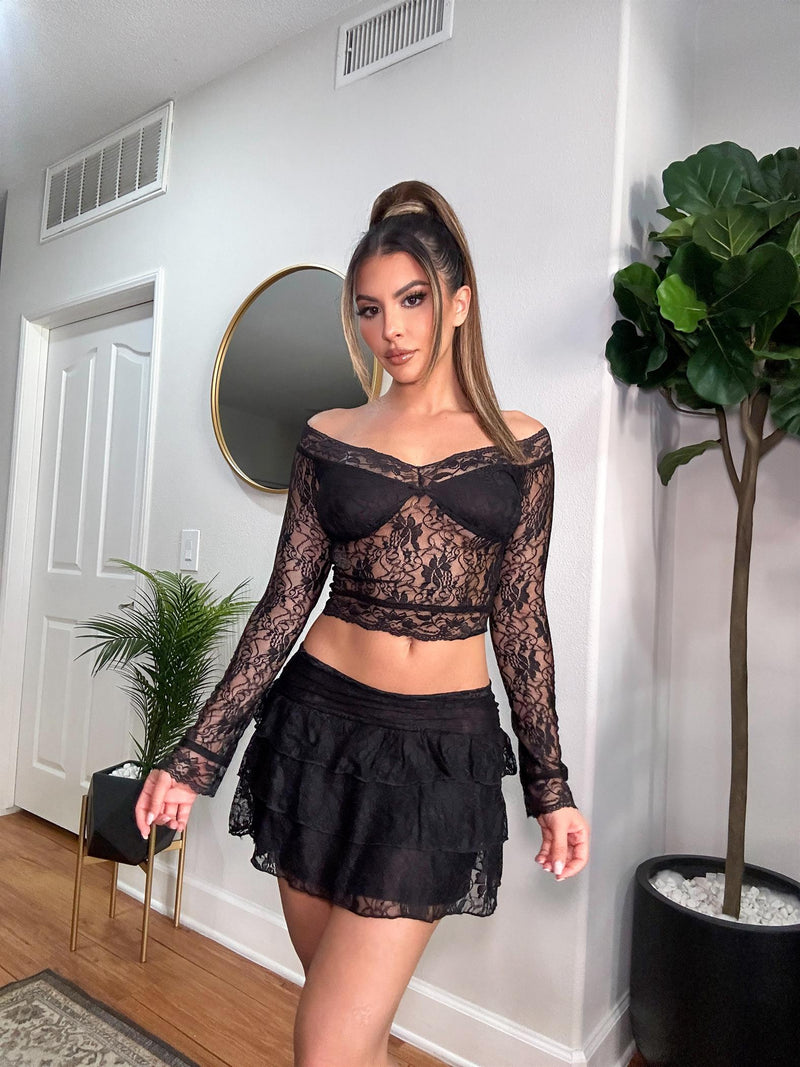 Lace Off Shoulder Top and Tier Mini Skirt Sets