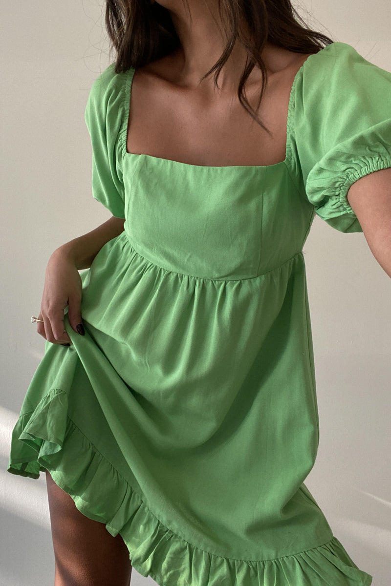 Puff Shoulder Square Neck Mini Dress Lime / Medium