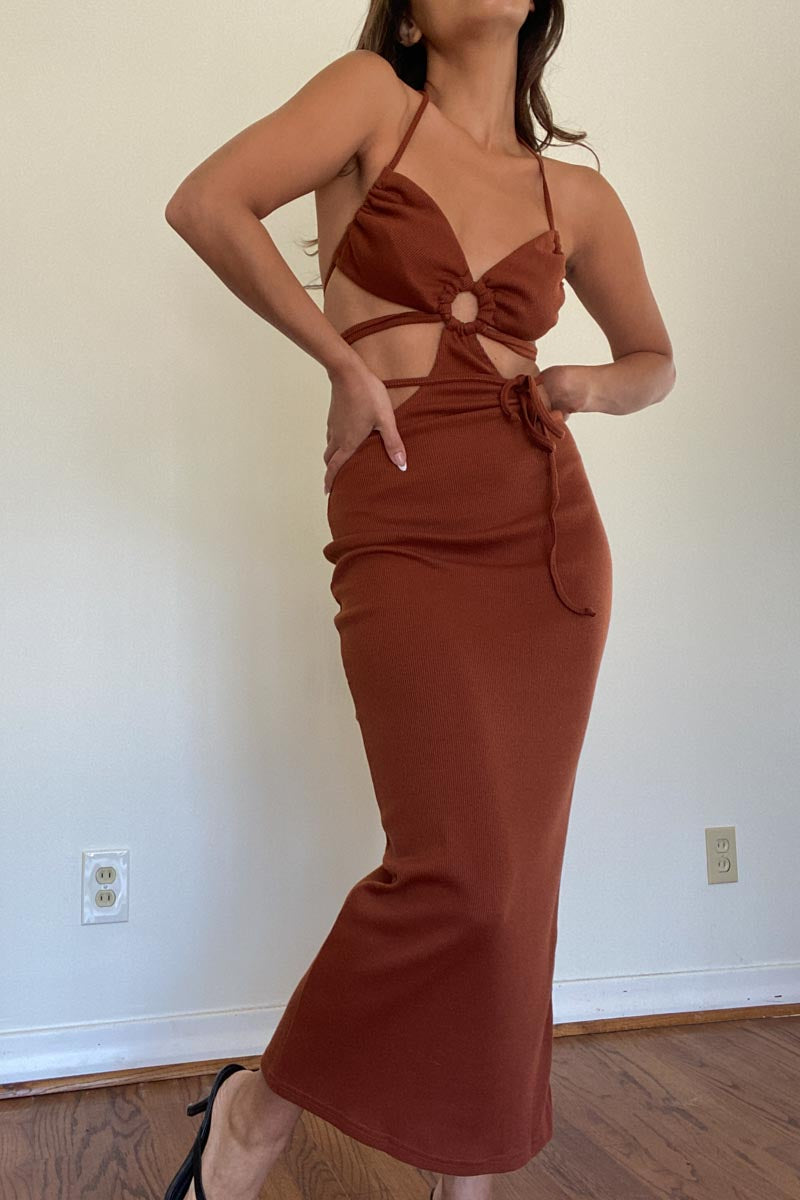 Halter Neck Side Cut-out with Tie Detail Midi Dress The Oures Halter Neck Side Cut-out with Tie Detail Midi Dress The Oures