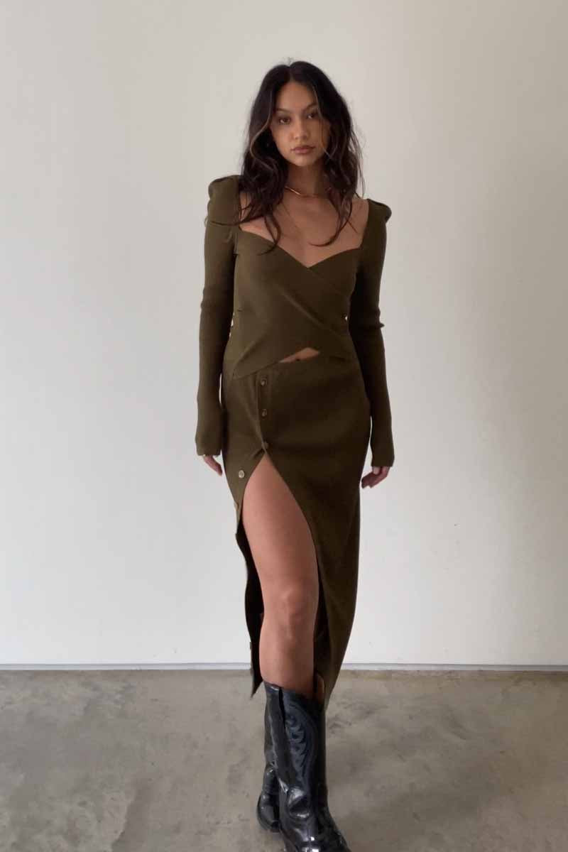 rib knit wrap dress Tan Ribbed Knit Wrap Tie Midi Dress