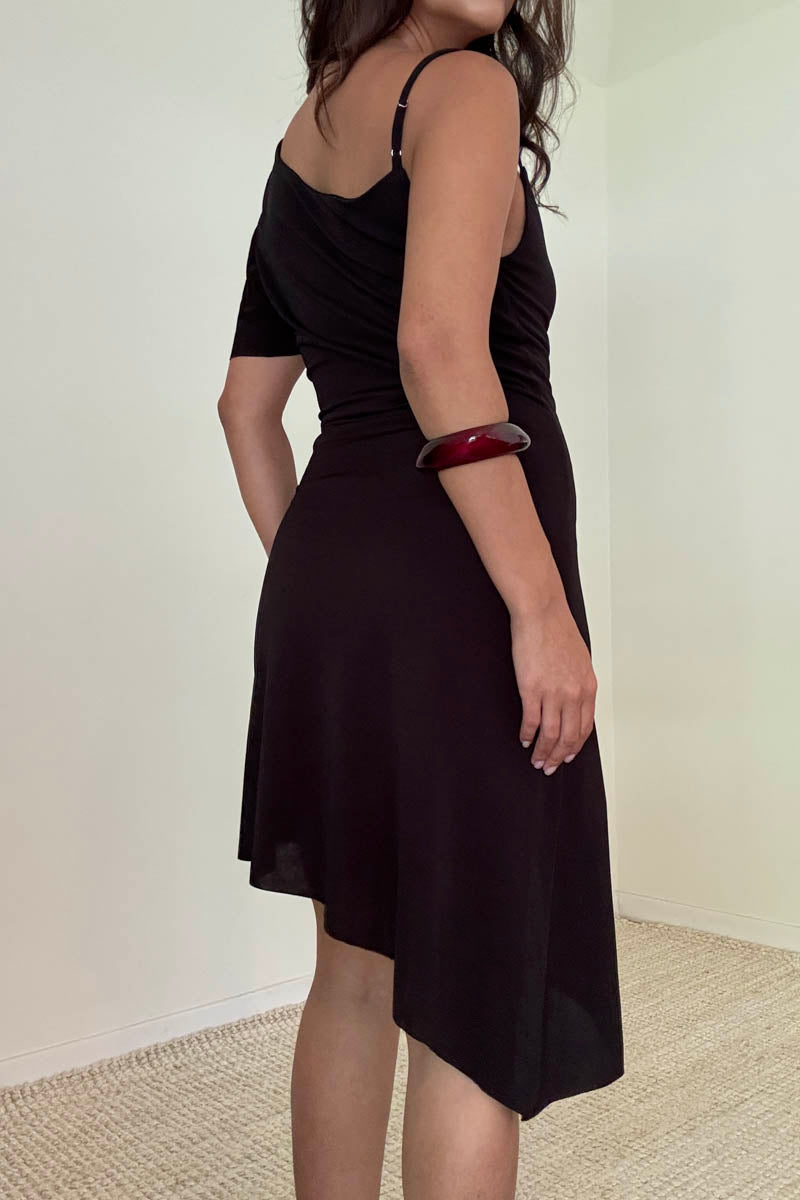 cowl neck asymmetric hem mini dress in black Cowl neckline