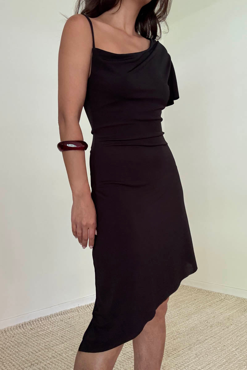 cowl neck asymmetric hem mini dress in black Bachelorette Party Dresses & base_colour_White feminine finish while enhancing Size:34B