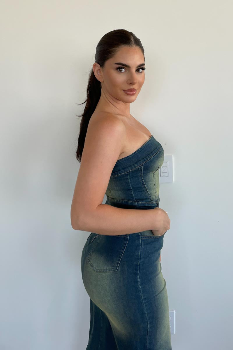 denim bandeau dress Vintage Midi 75-holidaysale1219 Color:Pink/Black duty feel LOBA Virginie Faux Croc
