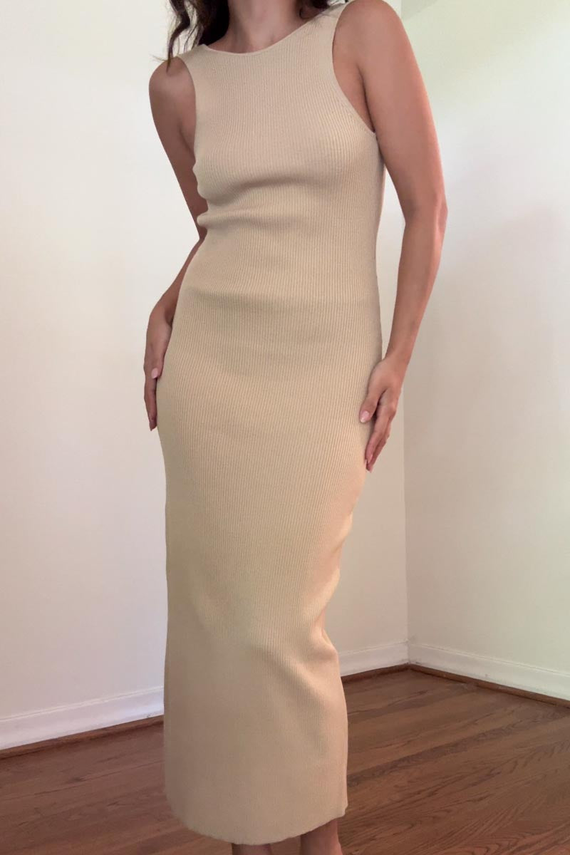 Knitted Open Back Midi Dress LATTE / Medium