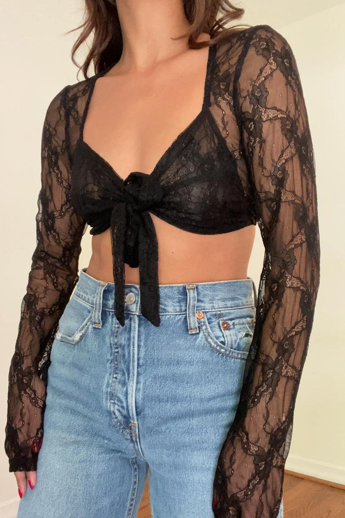 Lace Long Sleeve Tie-up Crop Top