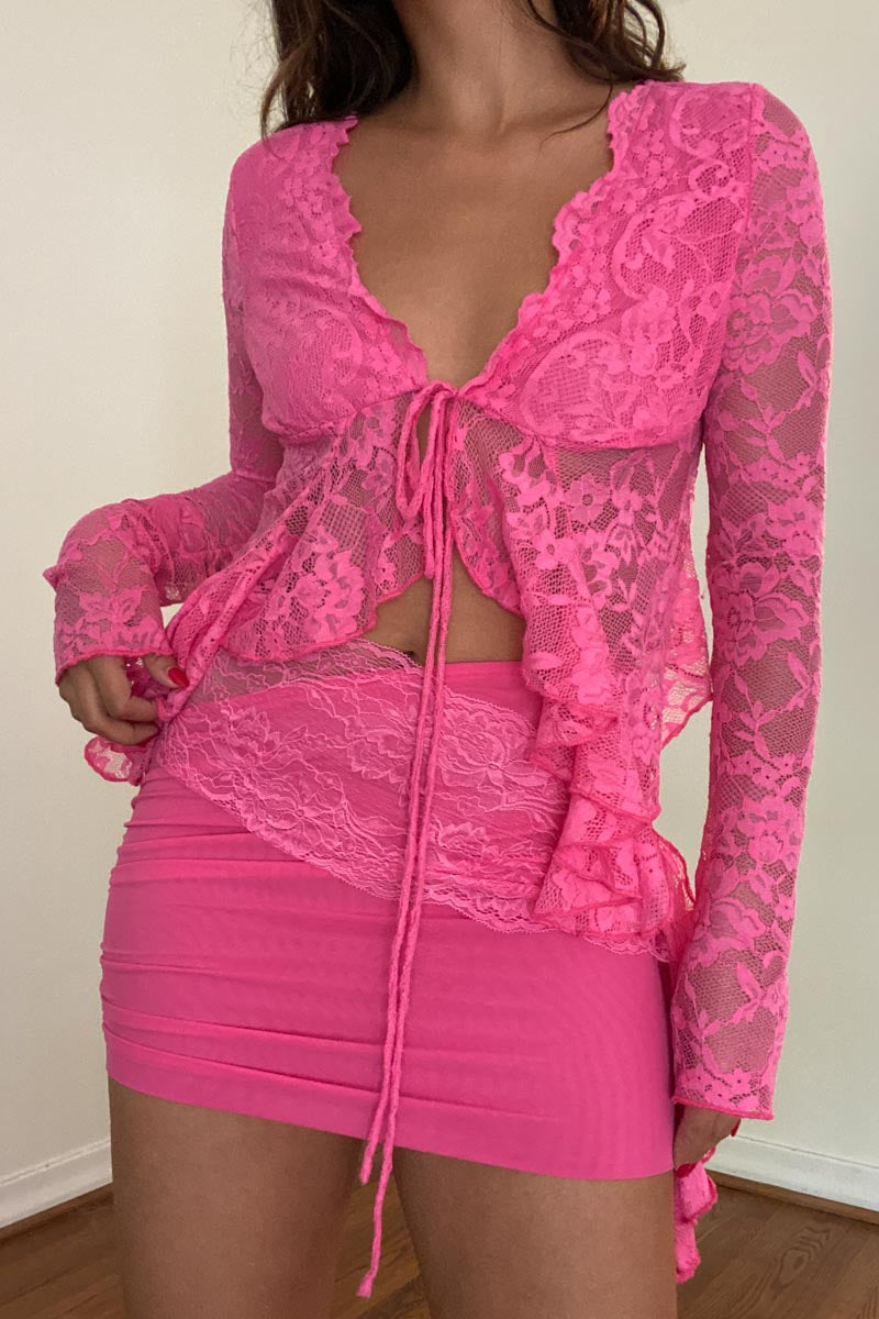 Lace Tie Up Long Sleeve Top and Wrap Detail Mini Skirt Sets