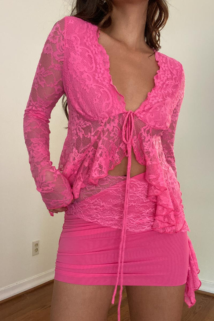 Lace Tie Up Long Sleeve Top and Wrap Detail Mini Skirt Sets