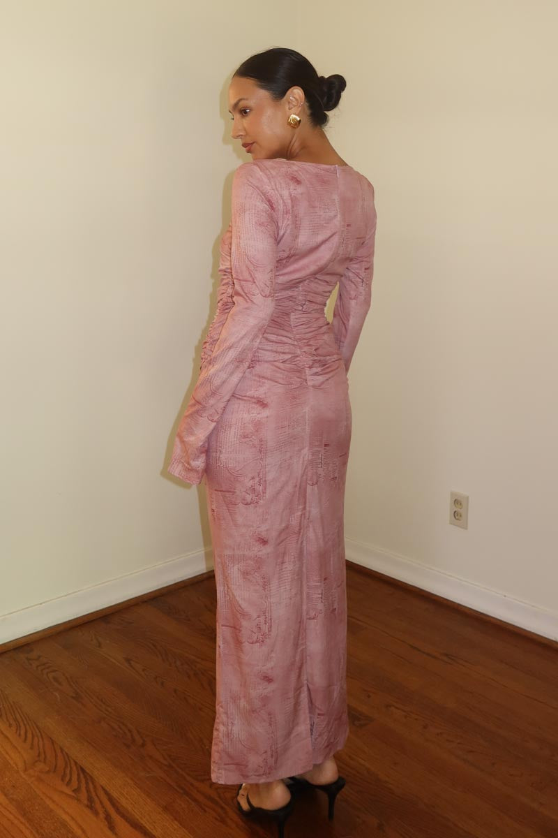 Newspaper Print Long Sleeve Maxi Dress Pink / Large