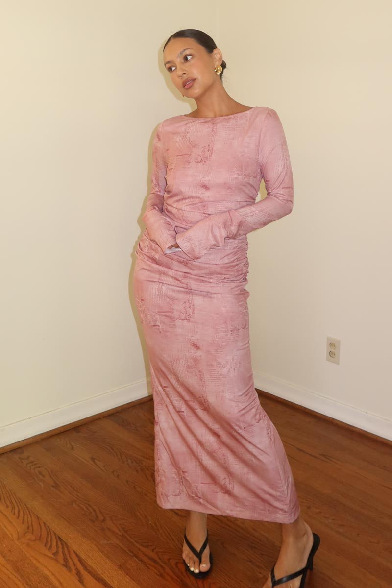 newspaper print maxi dress Newspaper Print Long Sleeve Maxi Dress Pink / Medium