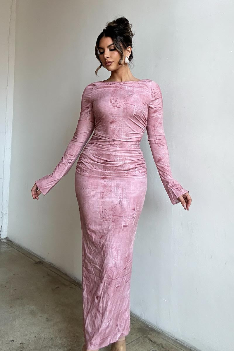 newspaper print maxi dress Newspaper Print Long Sleeve Maxi Dress Pink / Medium