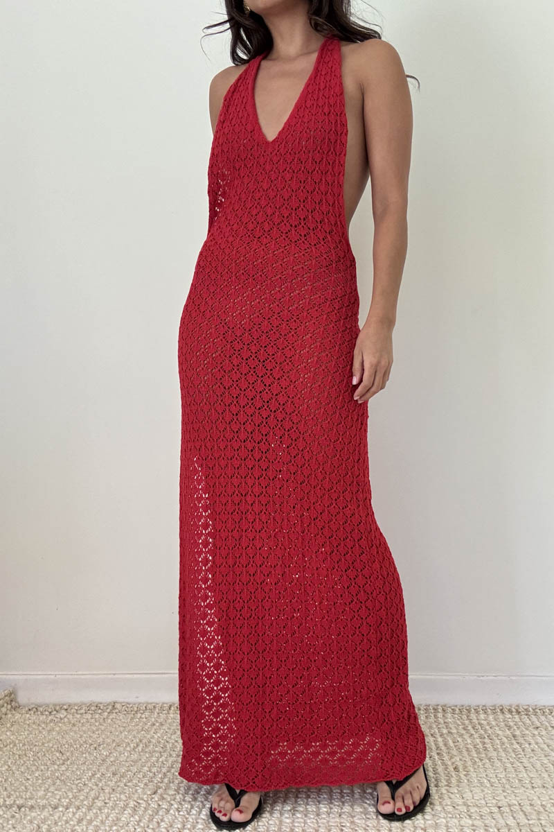 Knit Halter Backless Bodycon Maxi Dress
