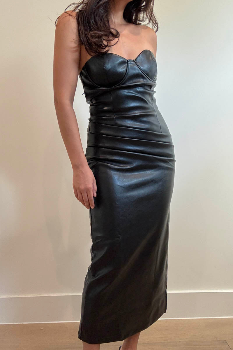 Faux Leather Strapless Lace-Up Maxi Dress