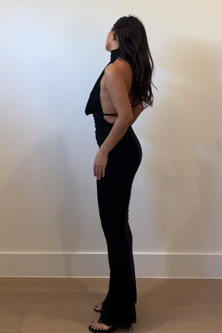 Mesh Plunge Cowl Halter Maxi Dress