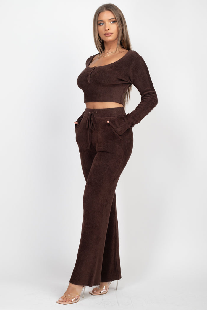 Ladies Soft Touch Deep Scoop Neck Knitted Crop Top with Wide Leg Pants Set