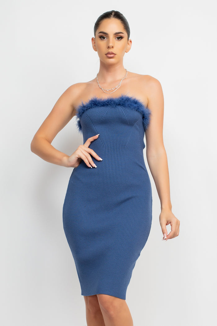 Faux Feather Trim Knitted Dress