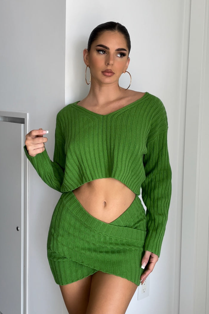 Oversized Crop Knit Top and Front Twisted Mini Skirt Sets - TheOures