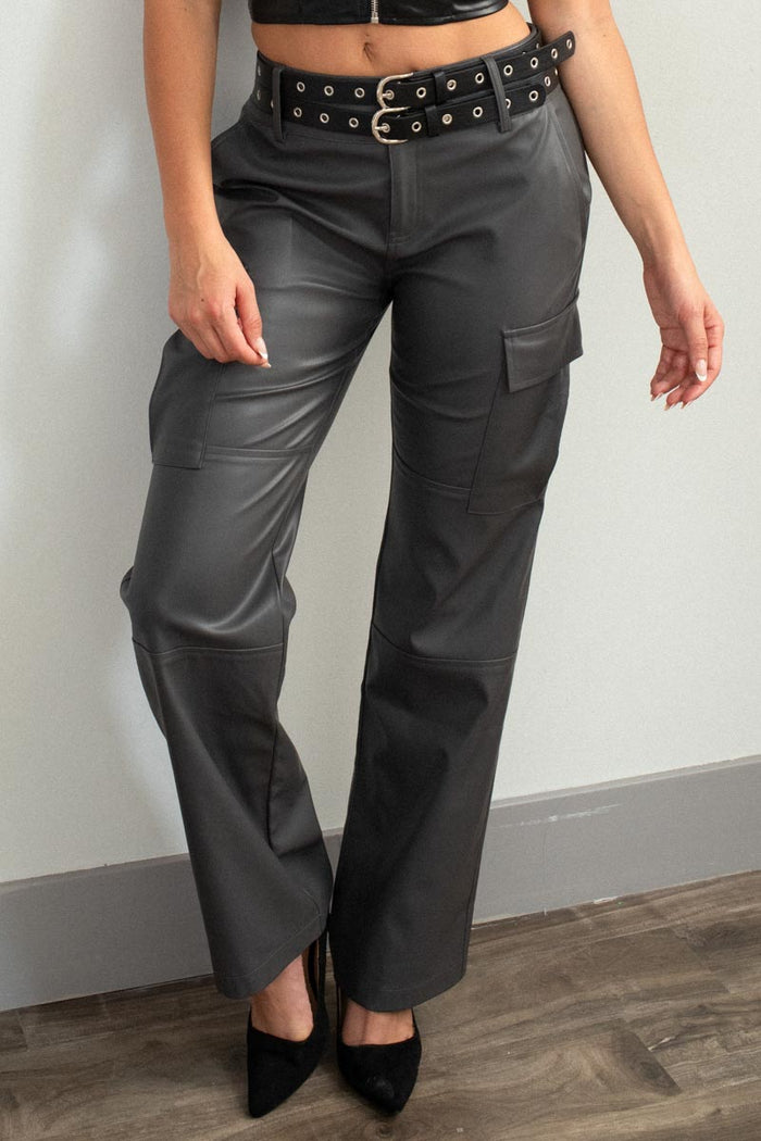Faux Leather Belted Wide Cargo Pants - TheOures