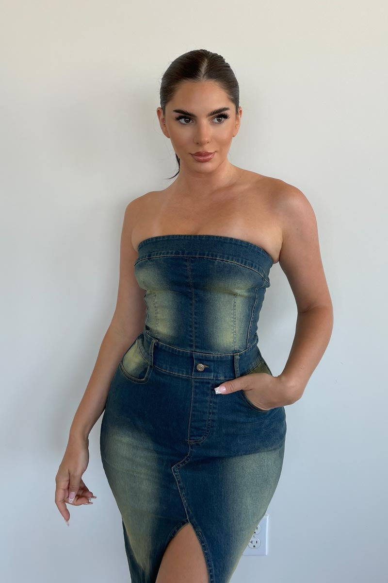 denim bandeau midi dress Self-Portrait Women's Bandeau Denim A-Line Midi-Dress - Blue