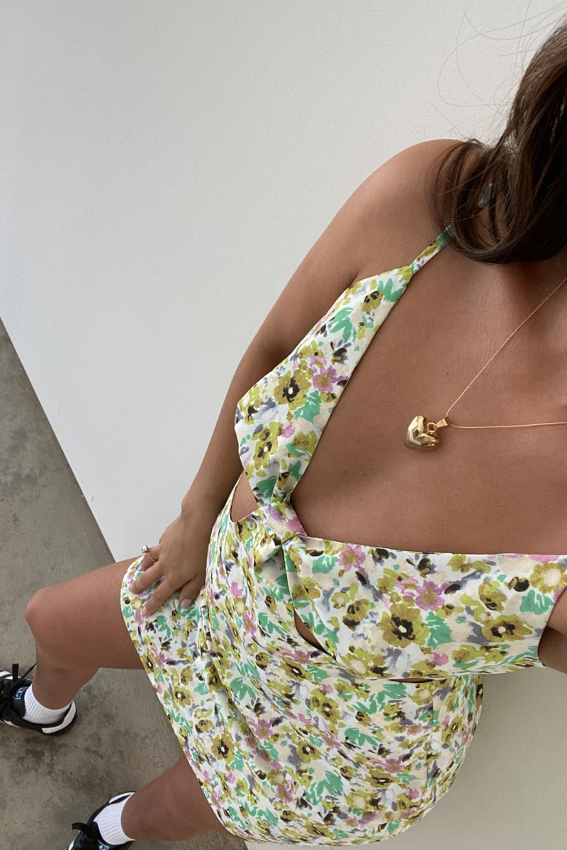 Floral Pattern Cut-out Detail Mini Dress - TheOures