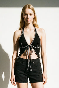 Contrast Stitch Sheer Self Tie Halter Top
