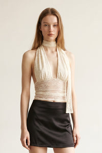 Lace Halter Neck Top W/ Scarf Detail
