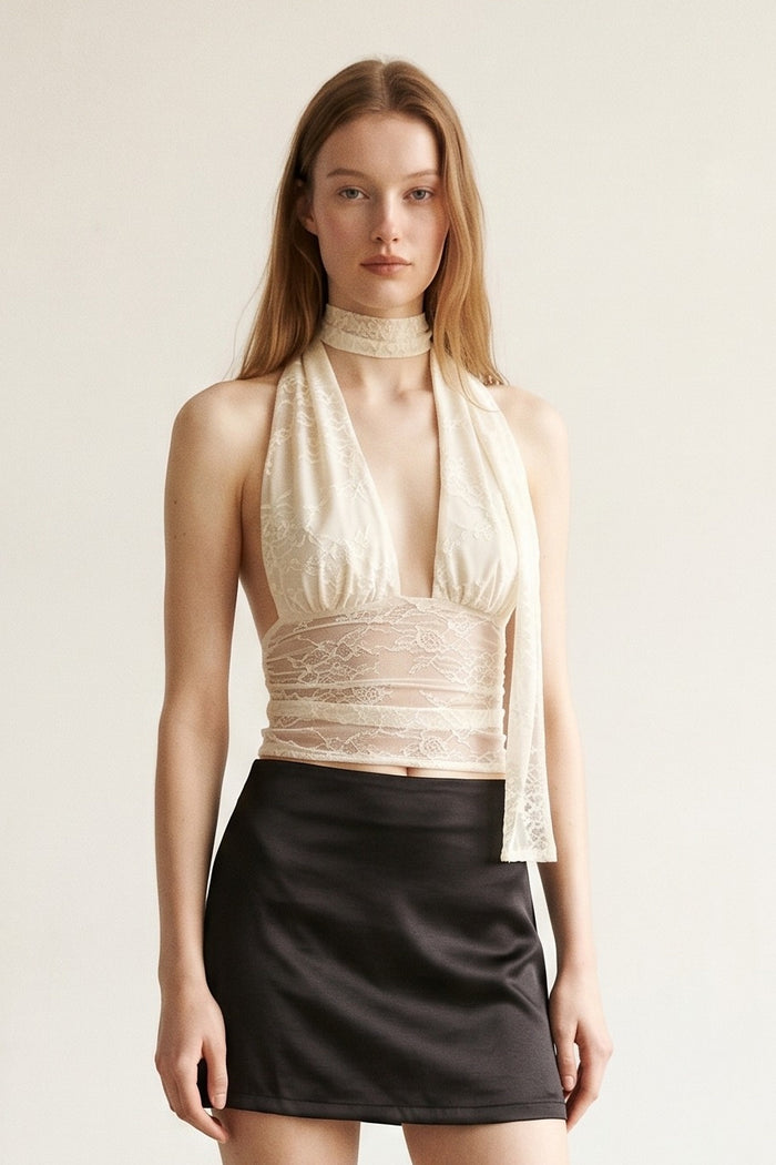 Lace Halter Neck Top W/ Scarf Detail