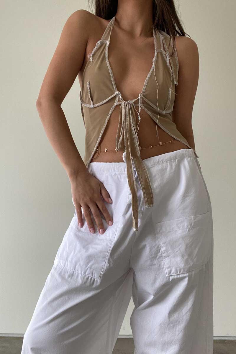 Contrast Stitch Sheer Self Tie Halter Top