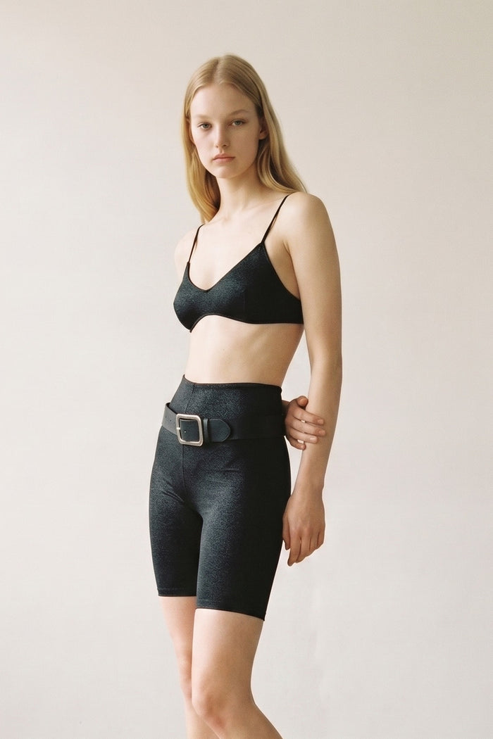 Metallic Knit Bralette And Biker Short Set