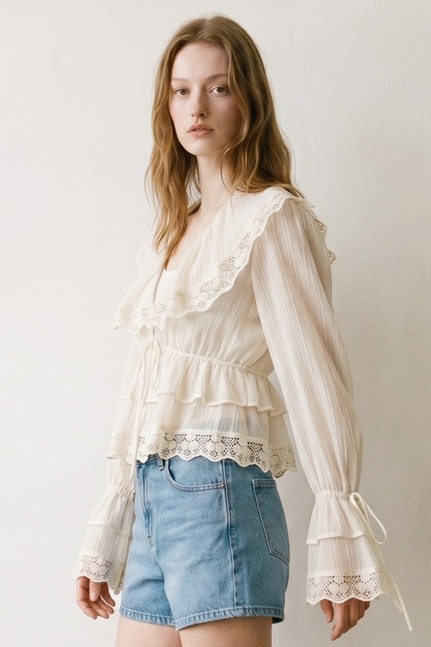 V Neck Lace Trim Ruffle Hem Blouse