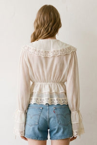 V Neck Lace Trim Ruffle Hem Blouse