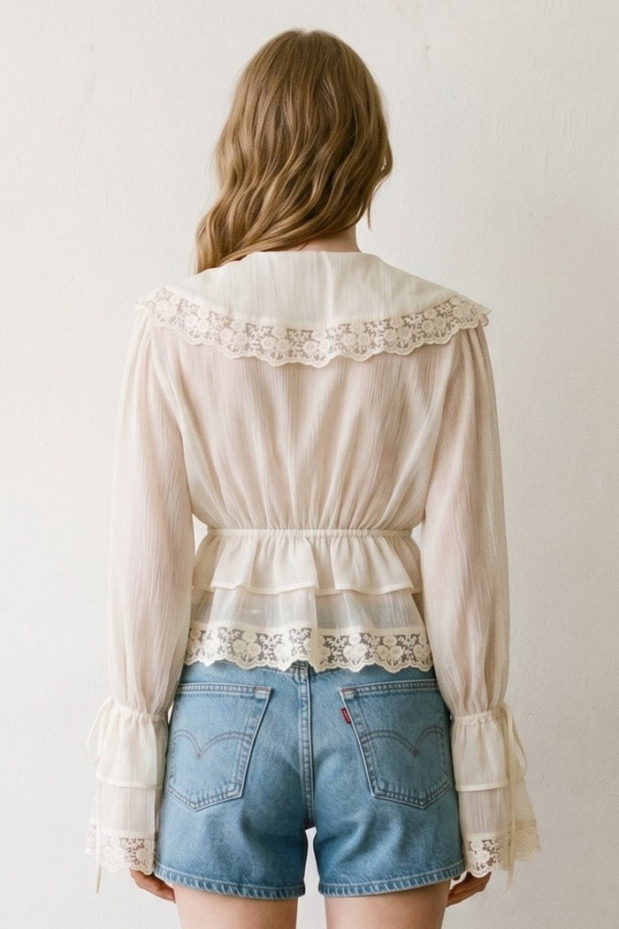 V Neck Lace Trim Ruffle Hem Blouse