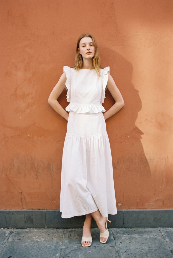 Cotton Ruffled Detail Midi Dress