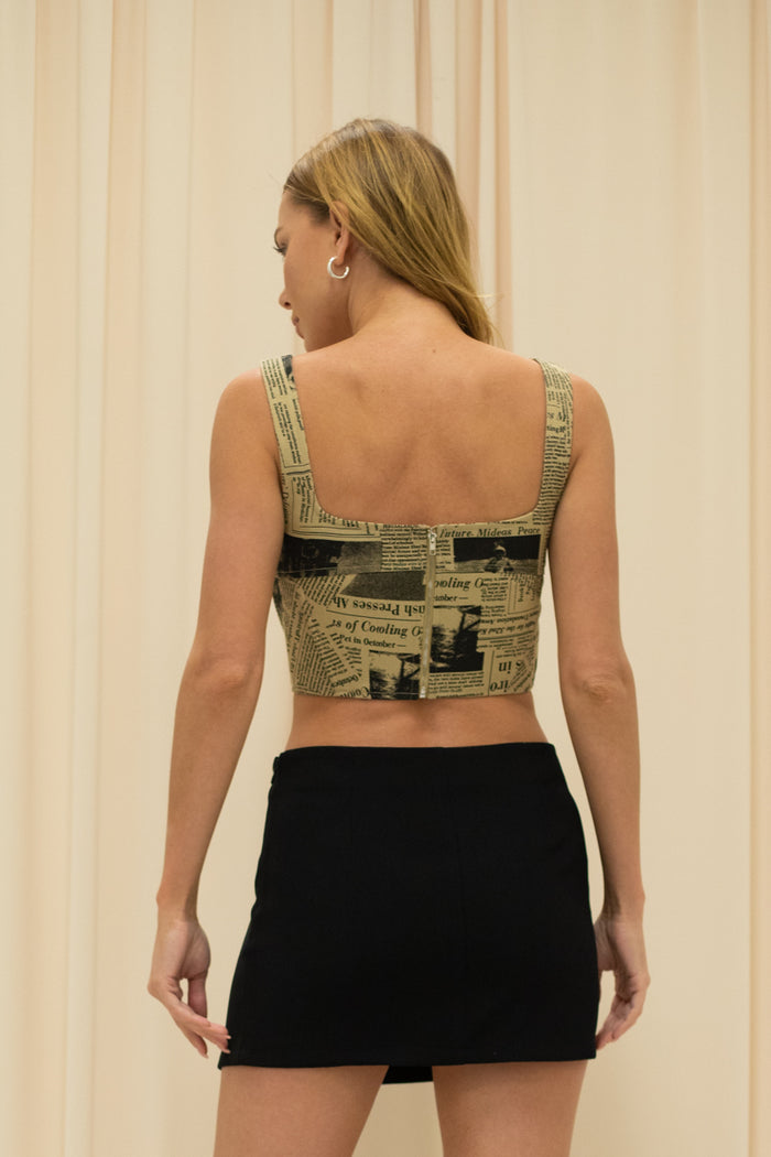 Newspaper Print Square Neck Crop Top