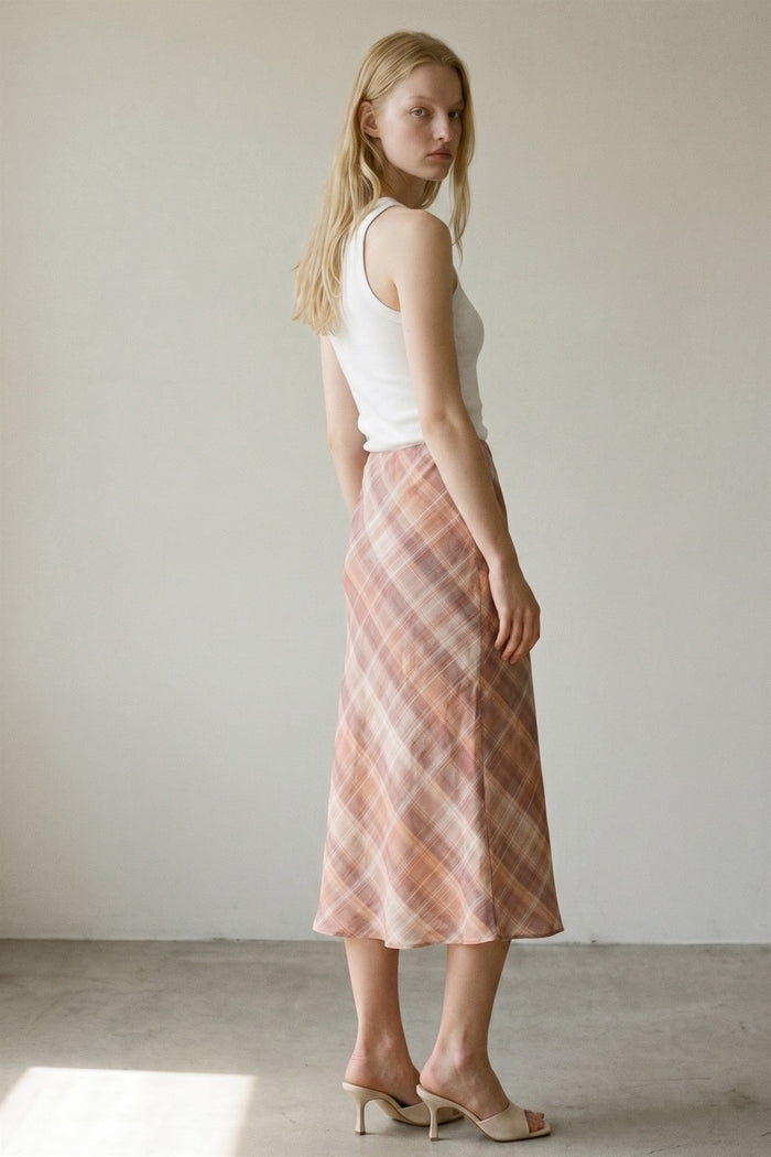 Pink Plaid Chiffon Midi Skirt | Mid Waist Built-In Shorts