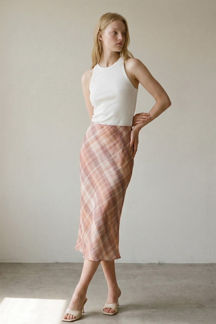 Pink Plaid Chiffon Midi Skirt | Mid Waist Built-In Shorts