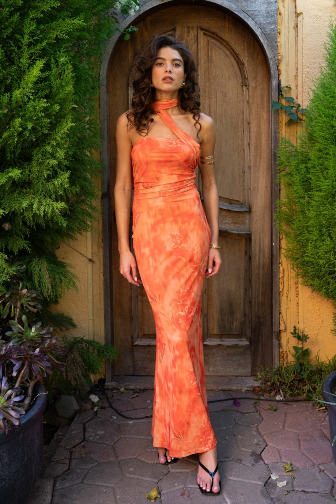 Orange Mesh Strapless Scarf Tie Maxi Dress