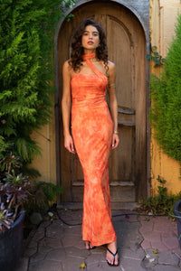 Orange Mesh Strapless Scarf Tie Maxi Dress