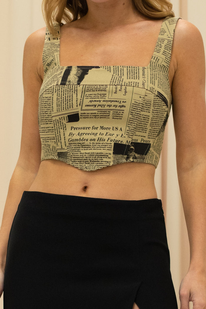 Newspaper Print Square Neck Crop Top