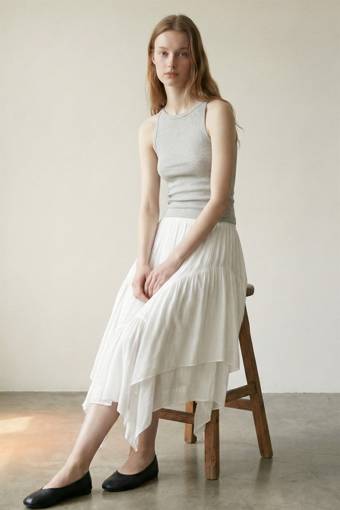 Mid Elastic Waist Asymmetrical Hem Maxi Skirt