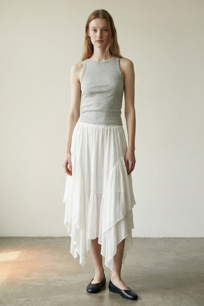 Mid Elastic Waist Asymmetrical Hem Maxi Skirt