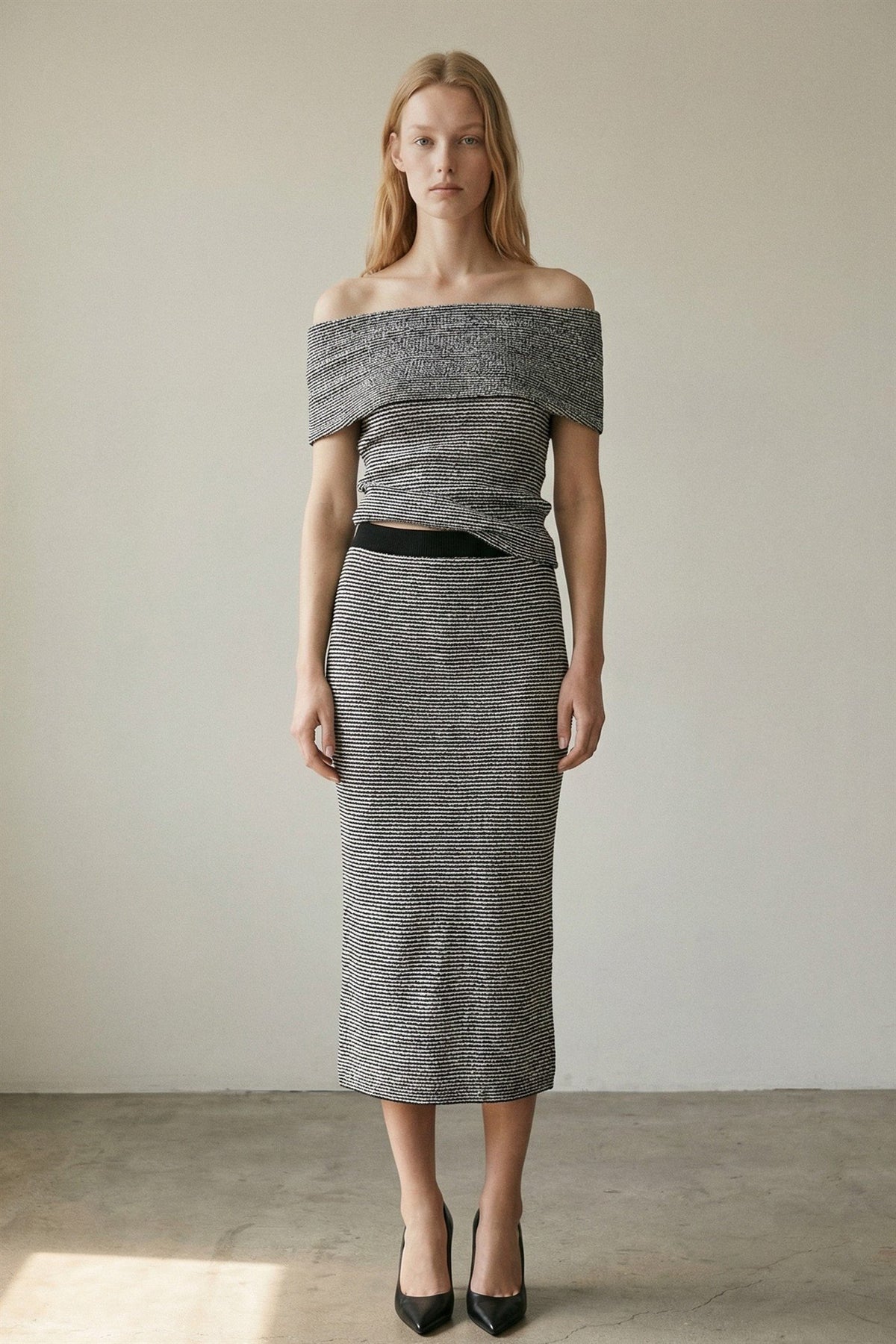 Striped Knit Off-Shoulder Top & Midi Skirt Set