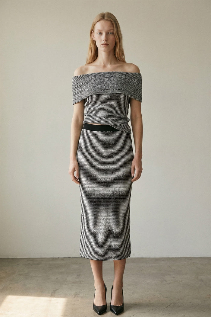 Striped Knit Off-Shoulder Top & Midi Skirt Set