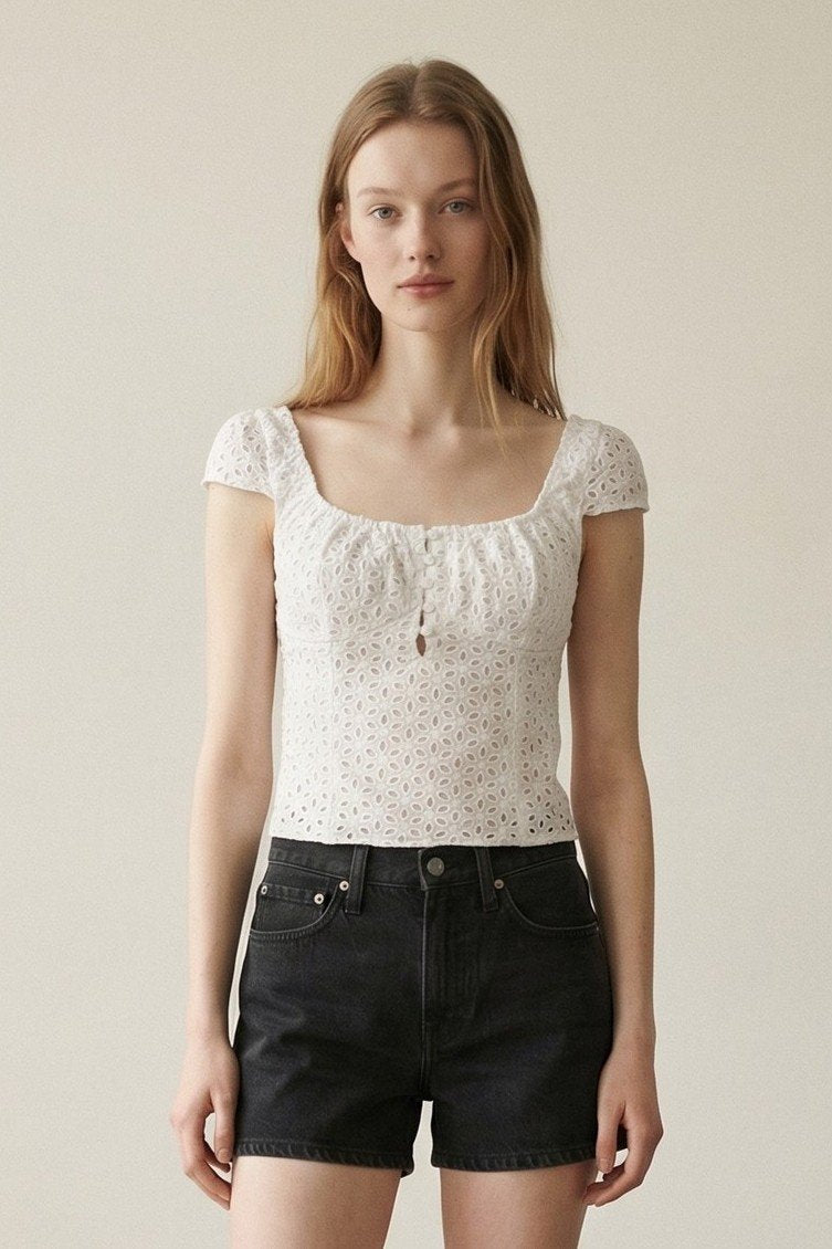 Eyelet Square Neck Button Front Crop Top