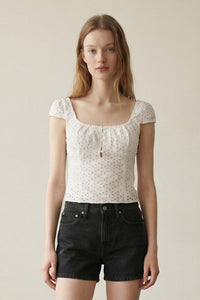 Eyelet Square Neck Button Front Crop Top
