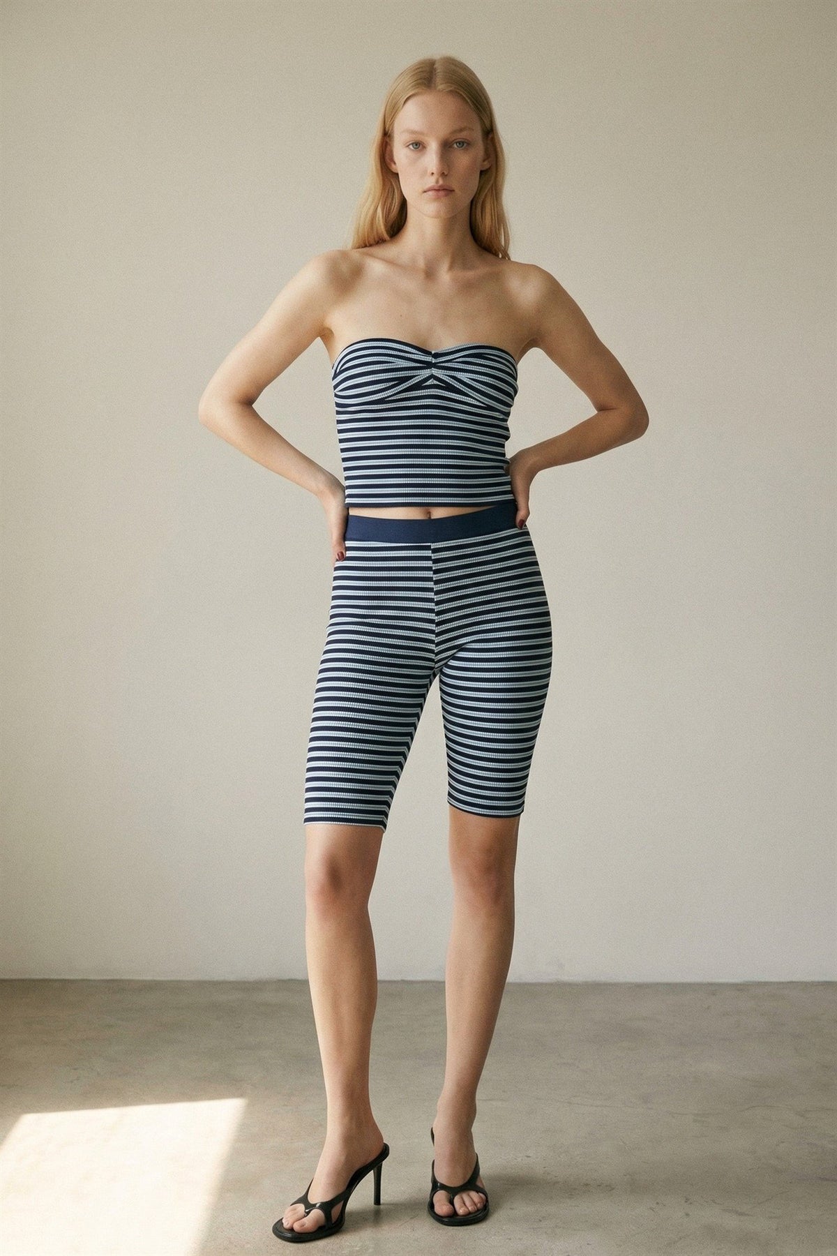 Stripe Sweetheart Strapless Top and Capri Shorts Set