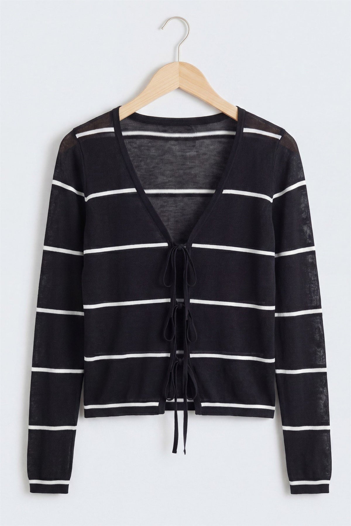 Stripe Tie Front Deep V-Neck Cardigan