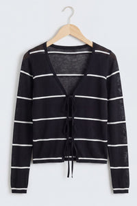 Stripe Tie Front Deep V-Neck Cardigan