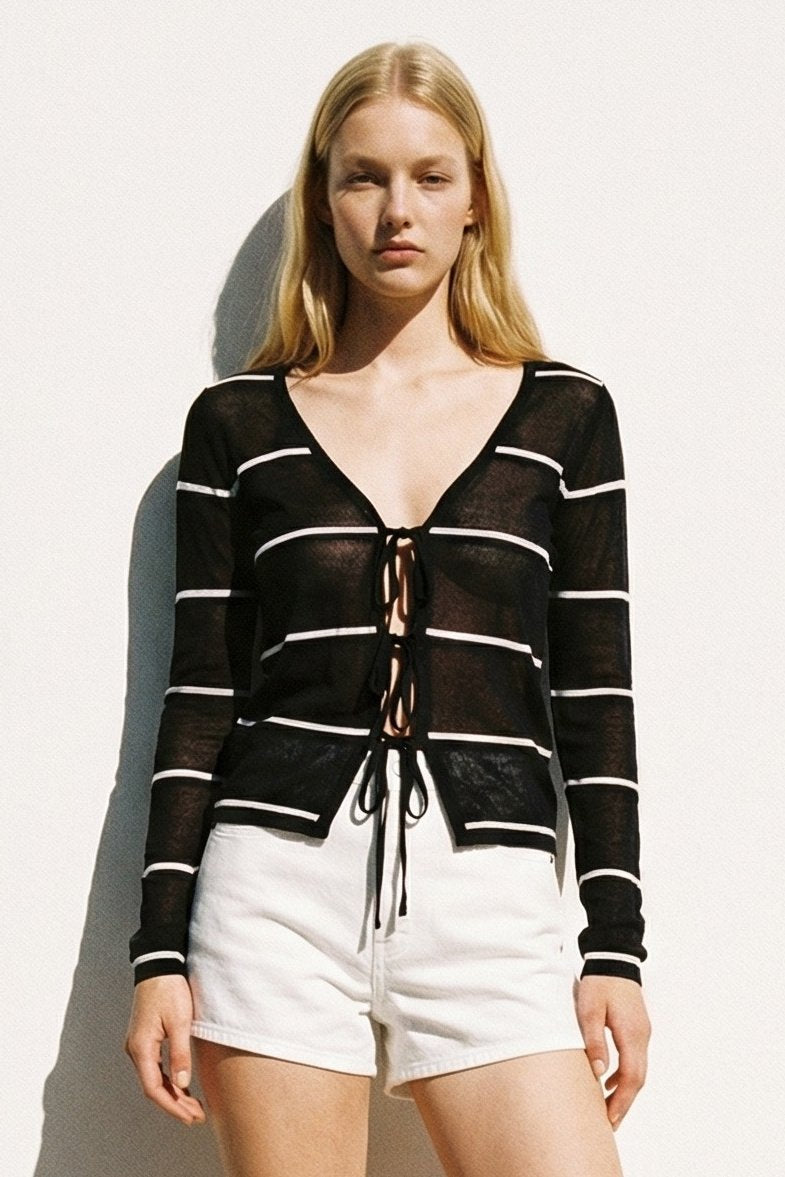 Stripe Tie Front Deep V-Neck Cardigan