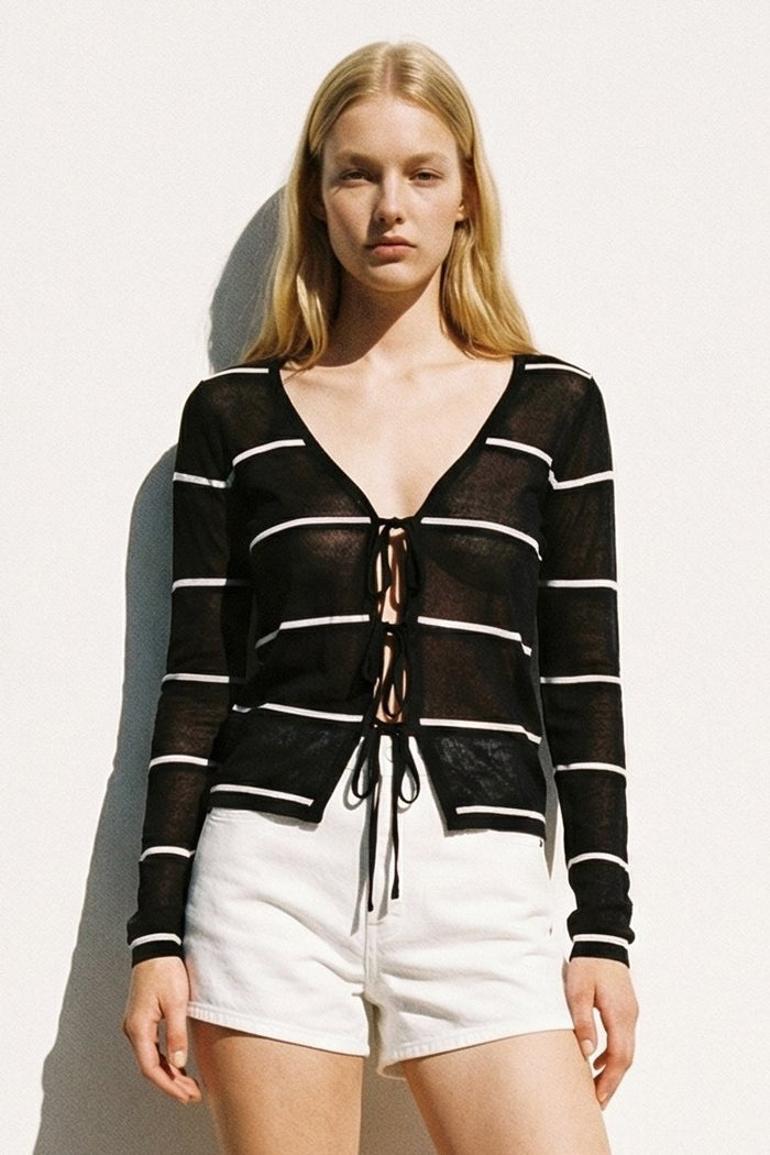 Stripe Tie Front Deep V-Neck Cardigan