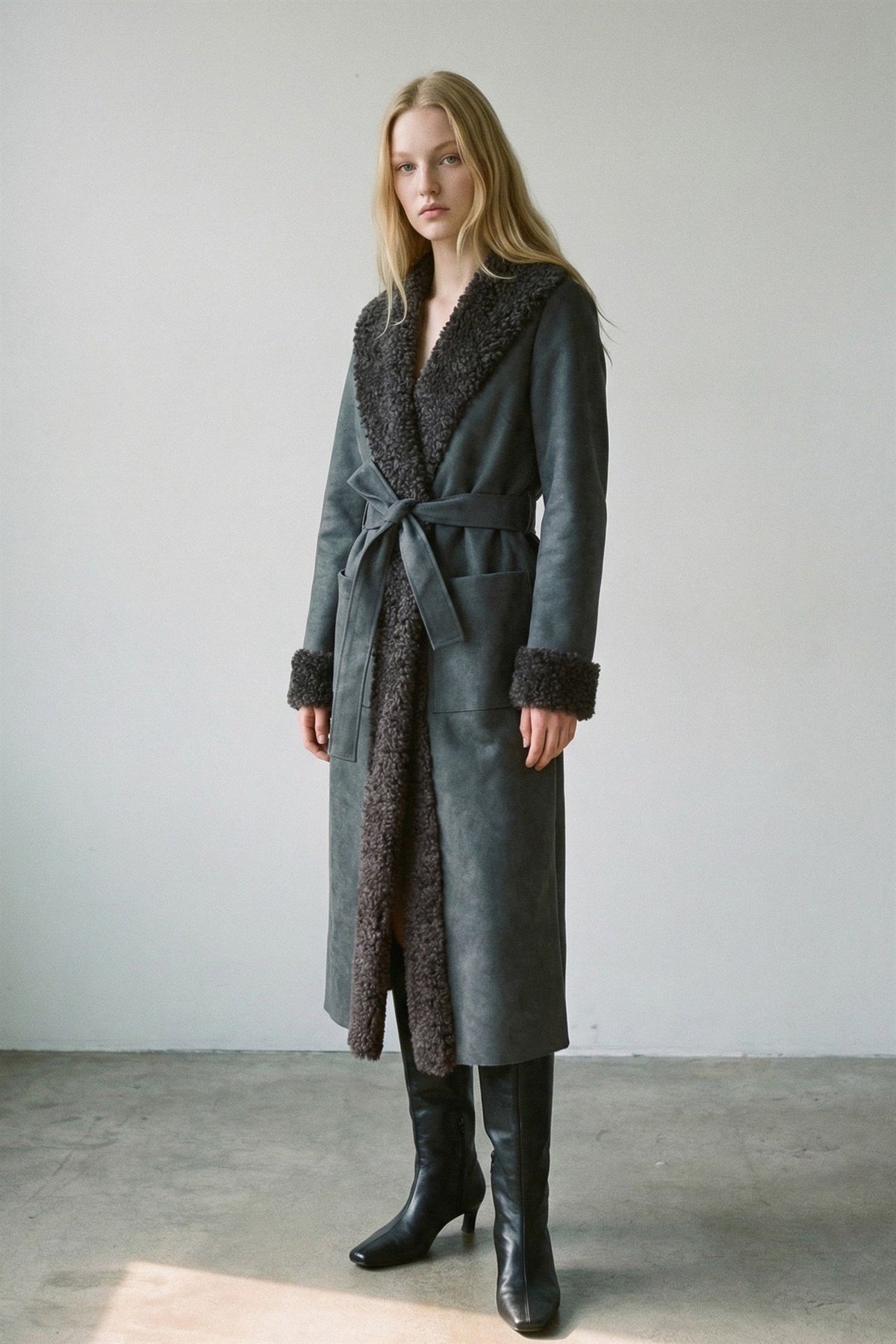 Faux Fur Trim Leather Look Coat